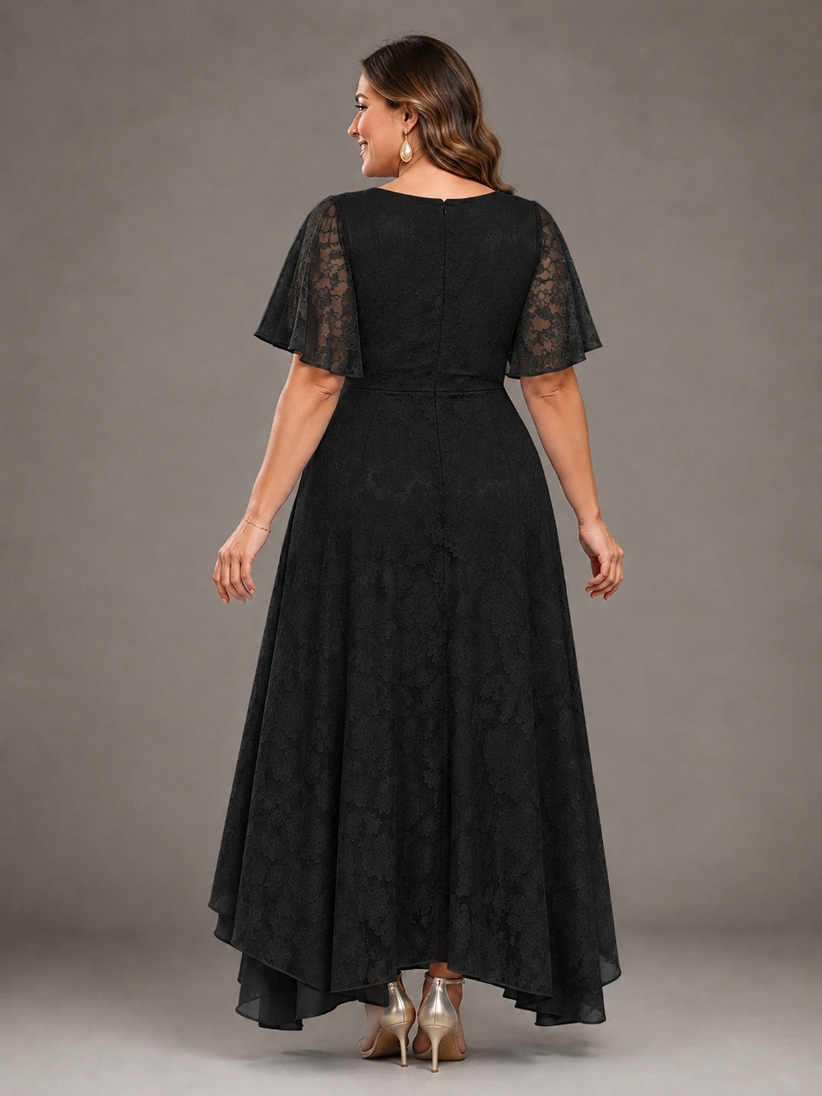 Jacquard Chiffon A-Line V-Neck High-Low Mother of the Bride Dress