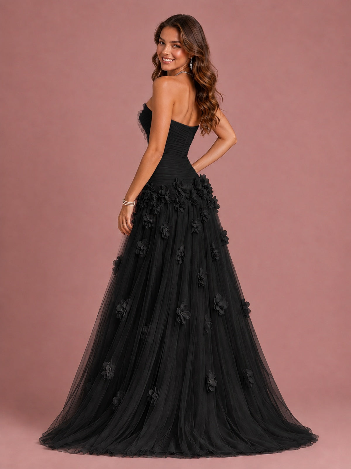 Blush Pink Strapless Sweetheart 3D Floral Tulle Ball Gown Prom Dres