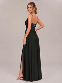 V-Neck Pleated Chiffon Long Bridesmaid Dress with Slit