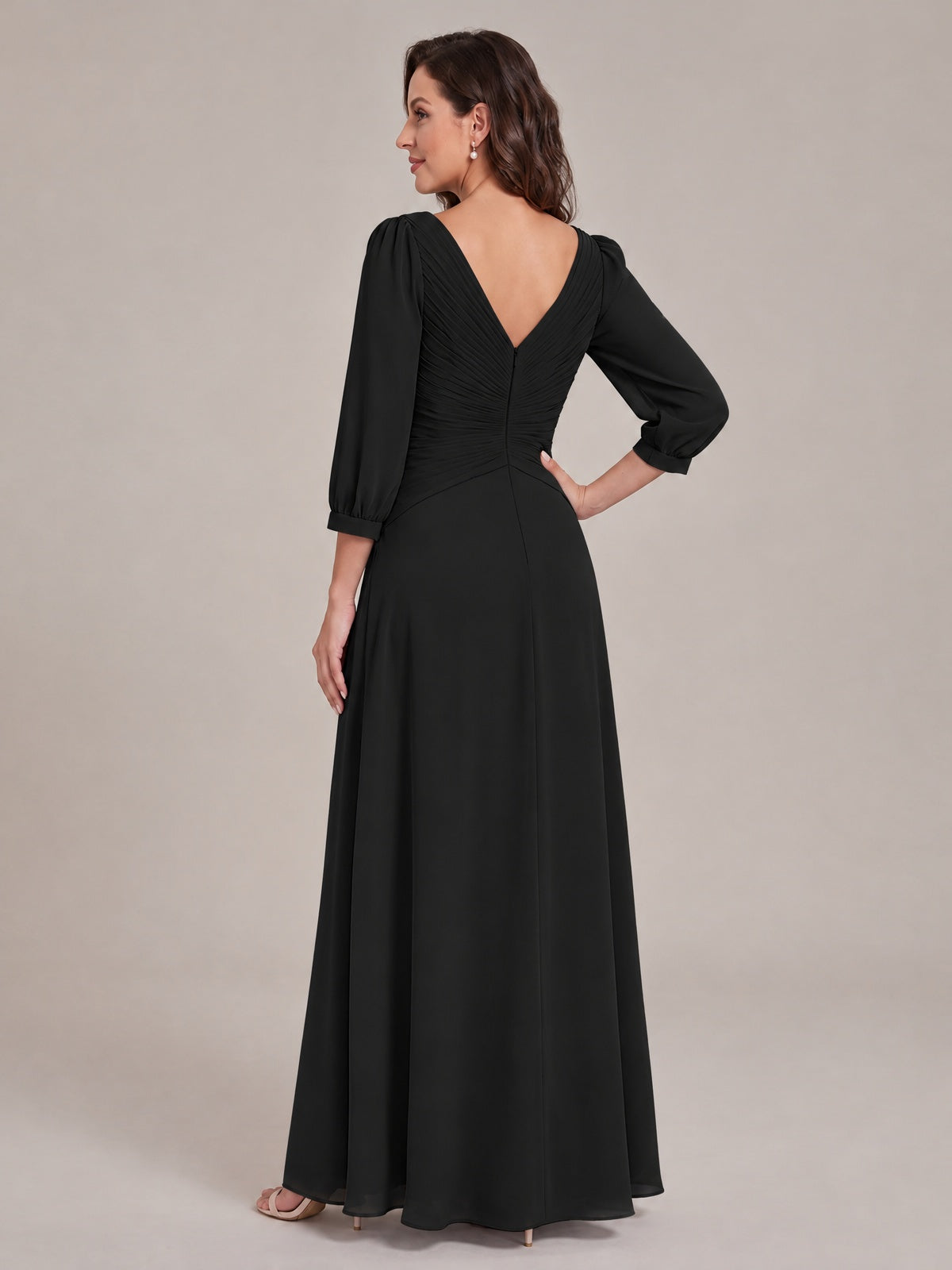 V-Neck Pleated Chiffon Mother of the Bride Dress with Flutter Sleeves