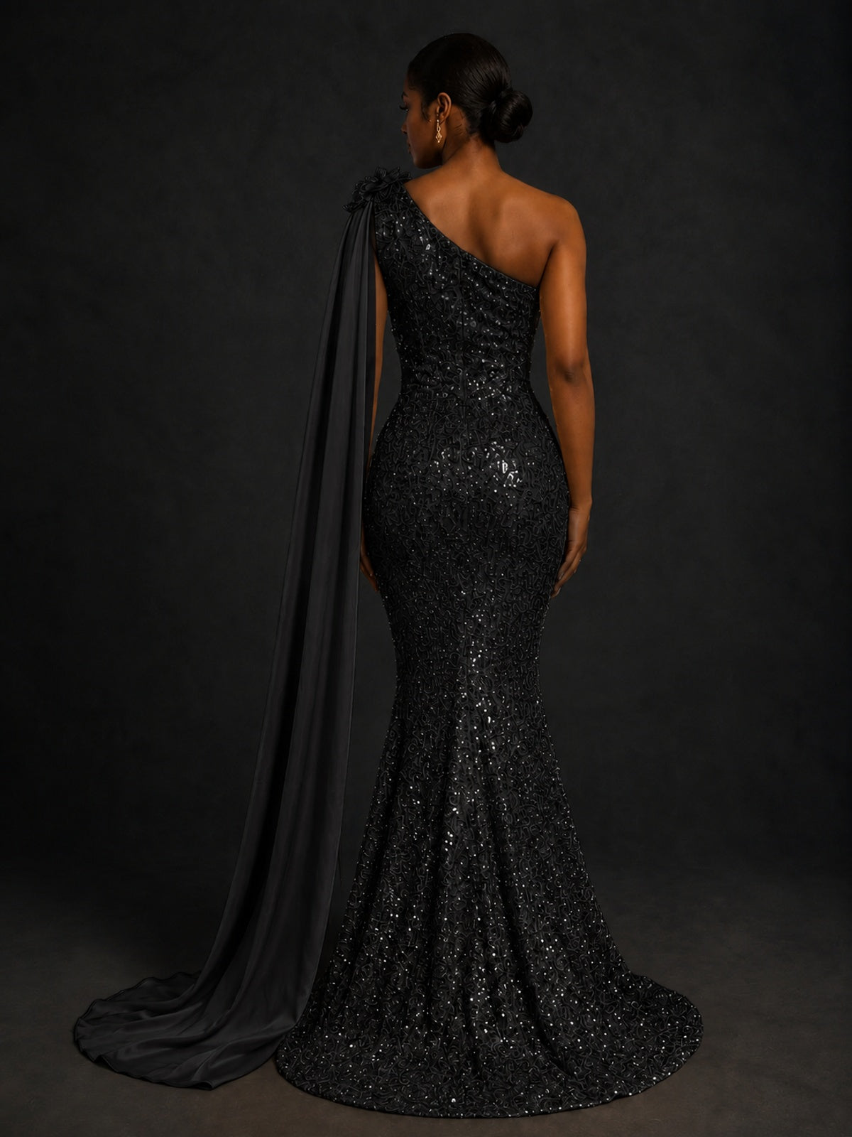 Gold Sequin One Shoulder Mermaid Prom Dress with Cape