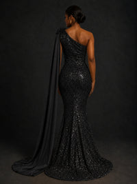 Gold Sequin One Shoulder Mermaid Prom Dress with Cape