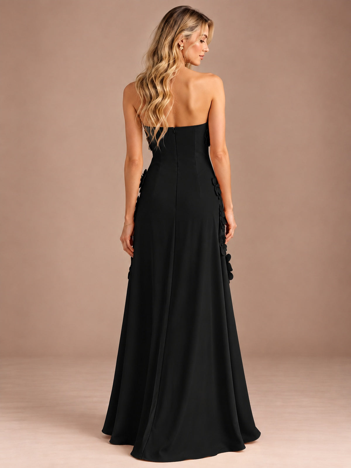 Yellow Strapless A-line Satin Maxi Dress with 3D Floral