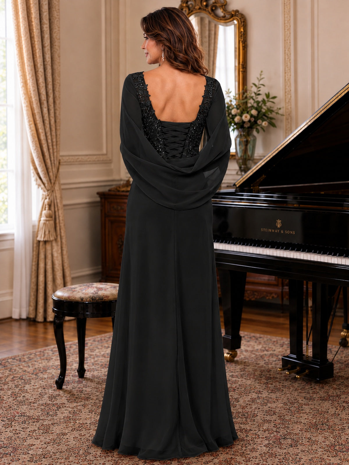 Elegant Applique Chiffon Mother of the Bride Dress with Cape Sleeves