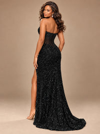 Gold Sequin Strapless Corset Prom Dress with High Slit