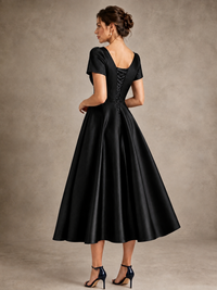 V-Neck Tea-Length Satin Mother of the Bride Dress with Bow