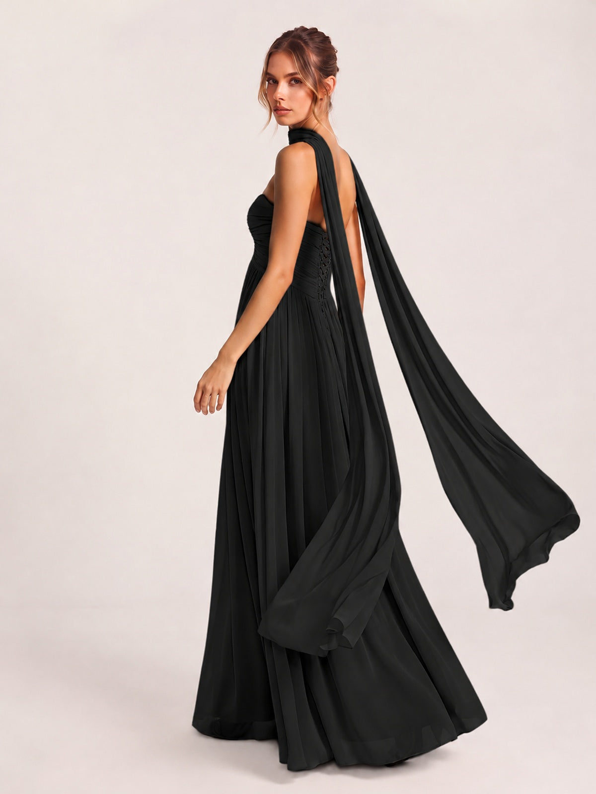Strapless Ruched Chiffon Long Prom Dress with Scarf