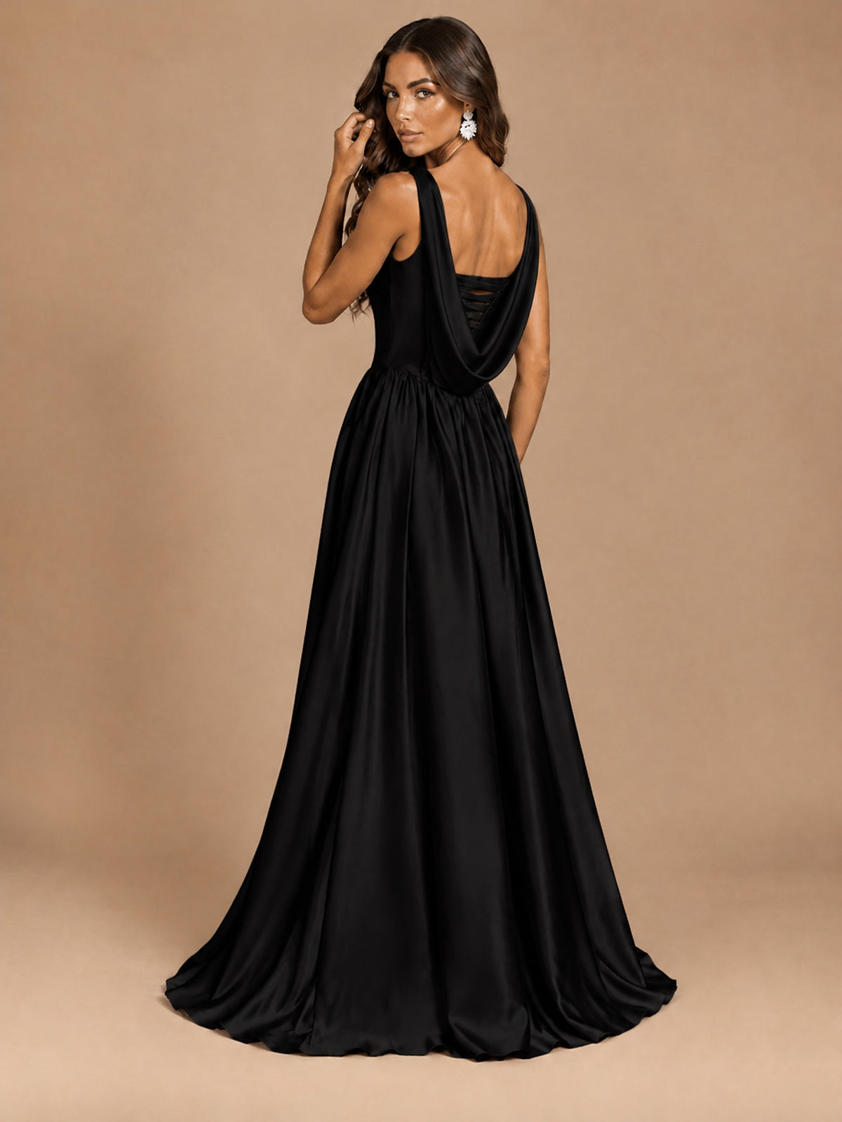 Cowl Neck Pleated Satin Prom Dress with Pockets & Slit Maxi Formal Gowns