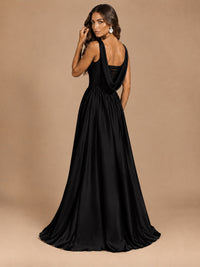 Cowl Neck Pleated Satin Prom Dress with Pockets & Slit Maxi Formal Gowns
