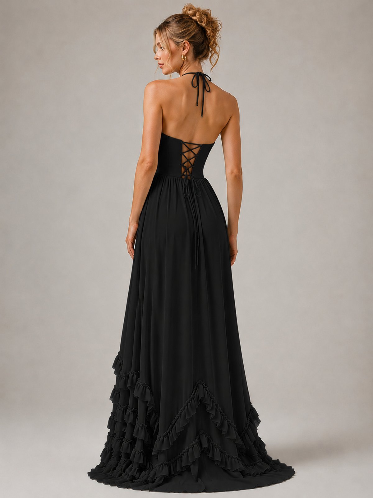 Halter V Neck Chiffon Formal Dress with Lace-Up Back and Ruffle Hem