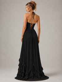 Halter V Neck Chiffon Formal Dress with Lace-Up Back and Ruffle Hem