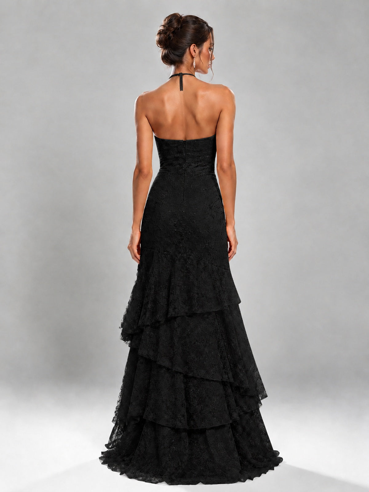 Halter Tiered Mermaid Prom Dress with Sparkly Lace