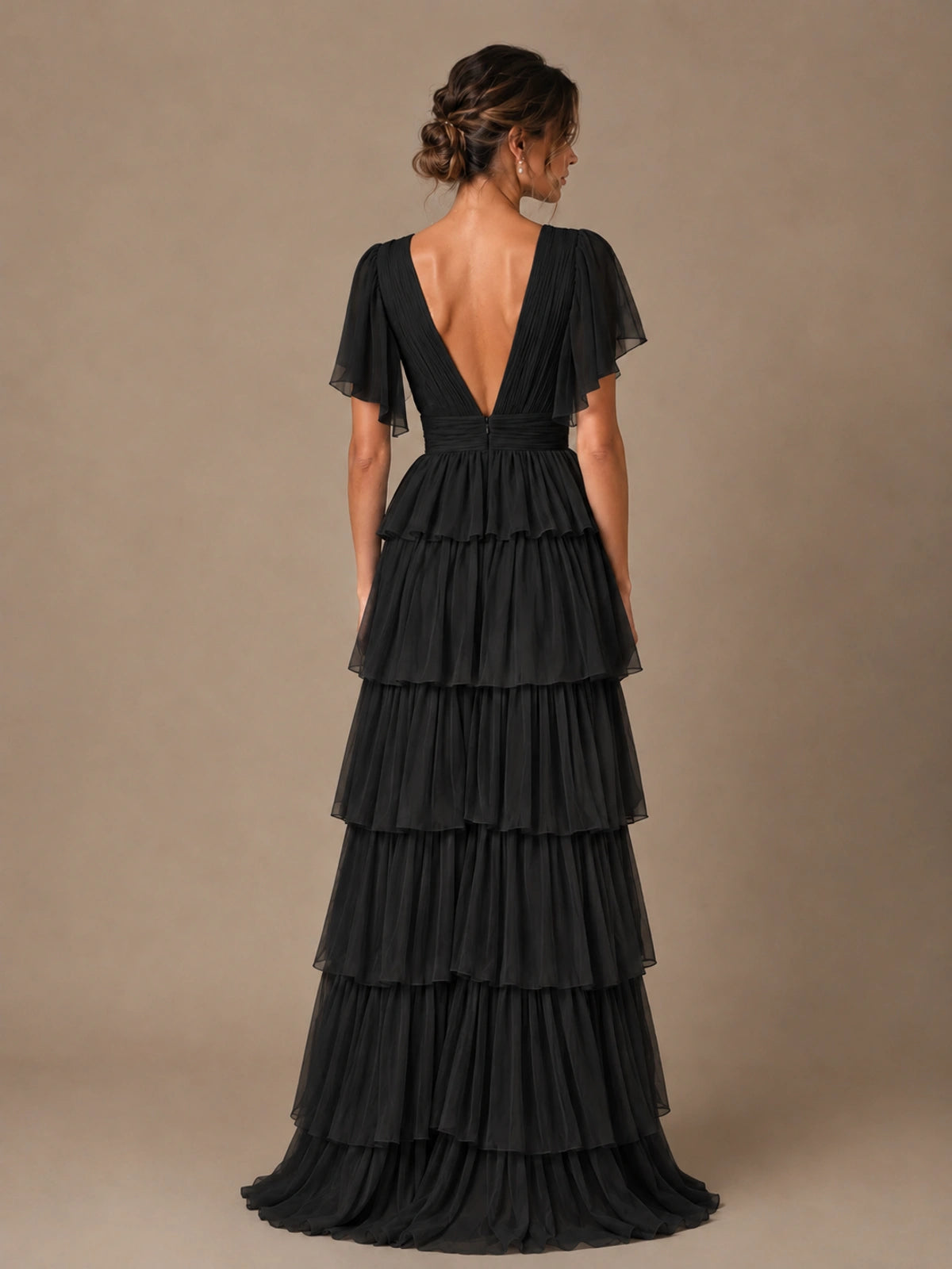 Chiffon V-Neck Tiered Ruffle Bridesmaid Dress with Slit