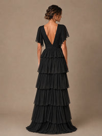 Chiffon V-Neck Tiered Ruffle Bridesmaid Dress with Slit
