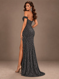 Off the Shoulder Corset Sequin Mermaid Prom Dress with Slit