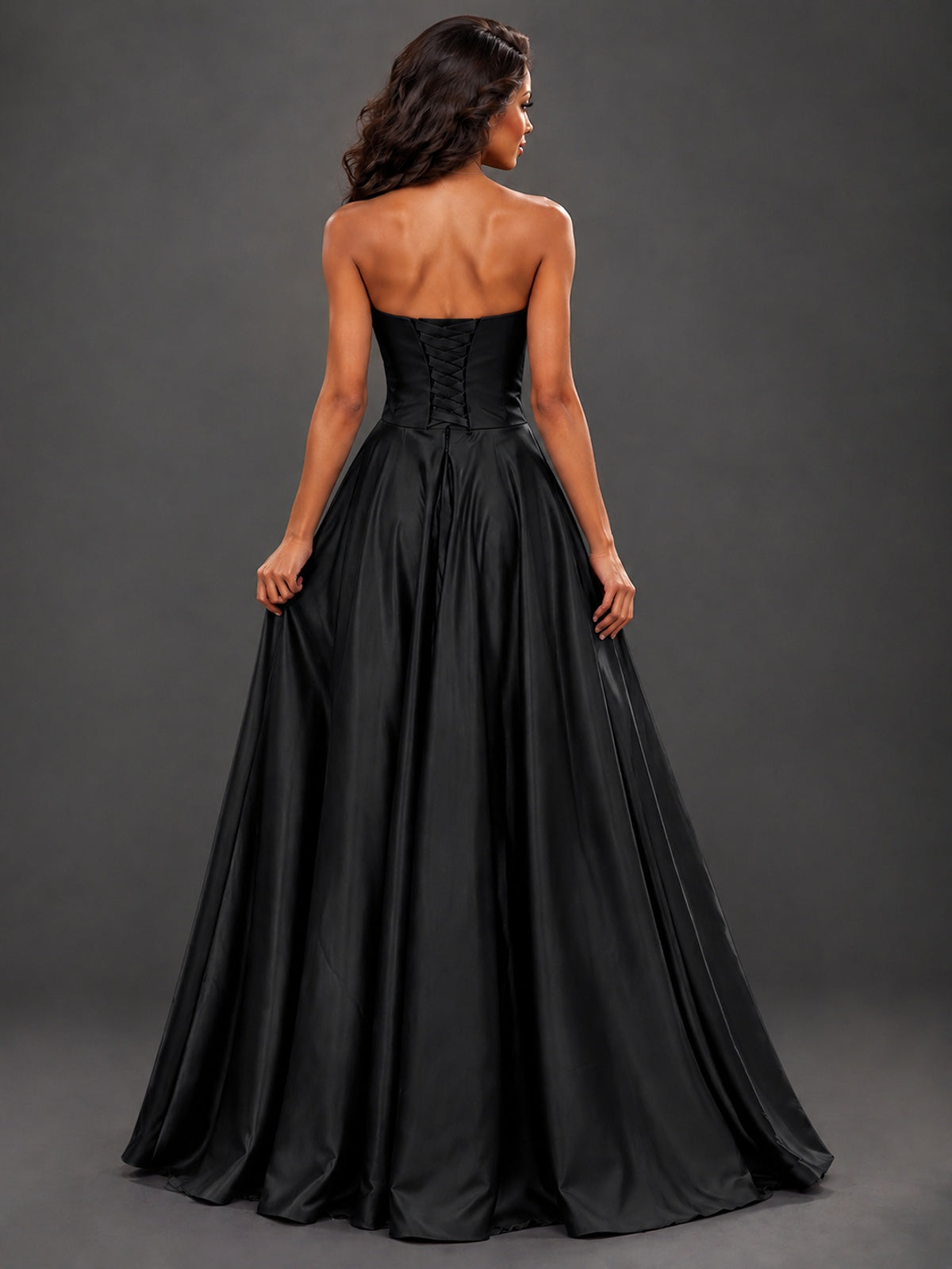 Draped Satin Prom Dress Strapless A-line Formal Dress Floor Length