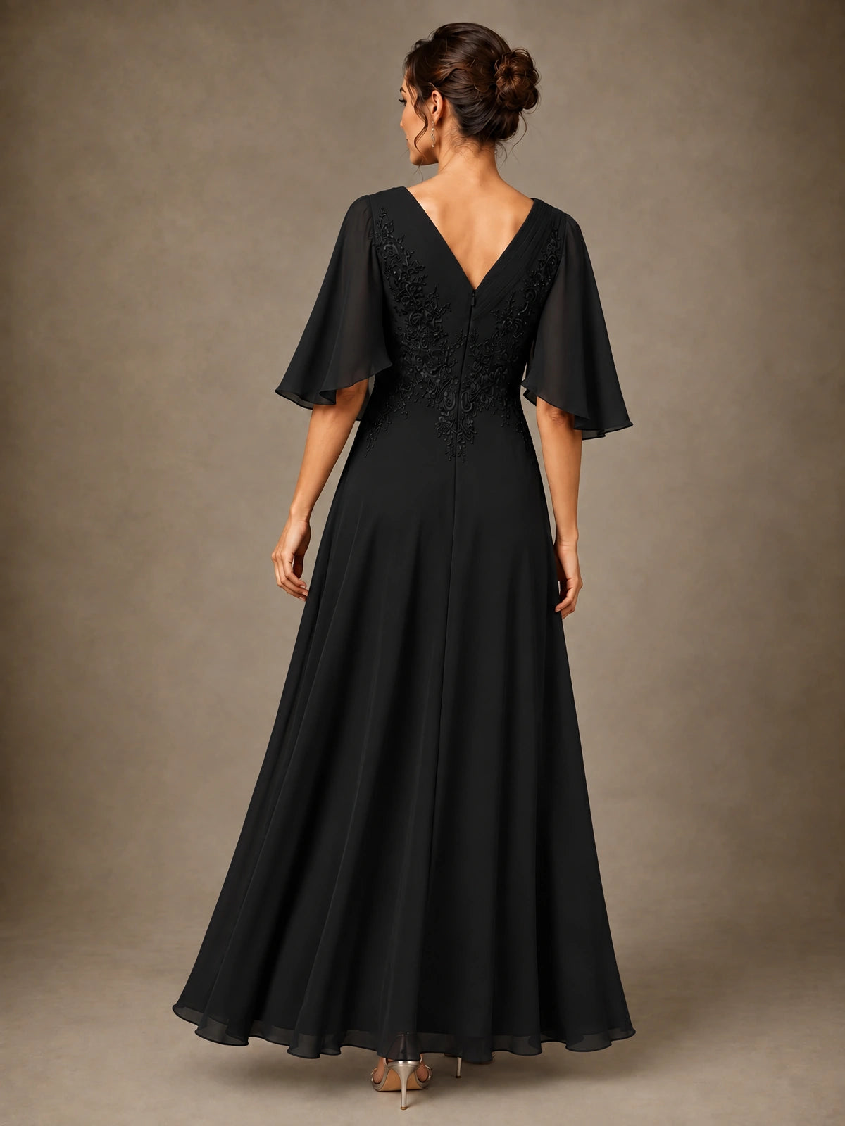 V-Neck Chiffon Lace Mother of the Bride Dress with Flutter Sleeves