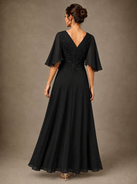V-Neck Chiffon Lace Mother of the Bride Dress with Flutter Sleeves