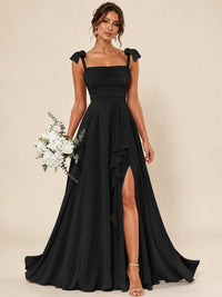 Ruffle Slit Chiffon A Line Scoop Neck Bridesmaid Dresses with Pockets