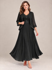 Dusty Blue Floral Lace Chiffon Mother of the Bride Dress with Jacket