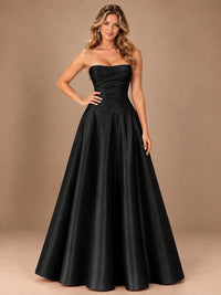 Blush Pink Strapless Satin A-Line Prom Dress with Ruched Bodice