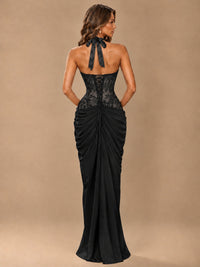 Sweetheart Halter Prom Dress Pleated Lace Floral Formal Dress with Slit