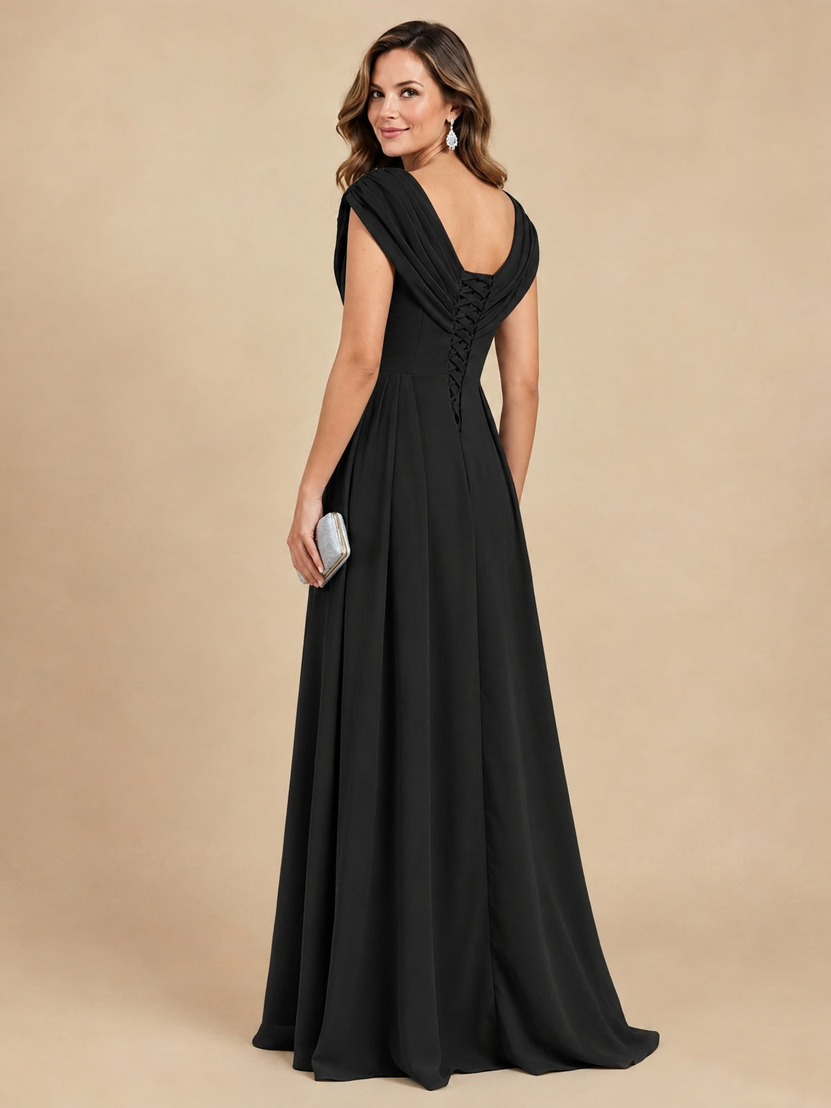 V Neck Pleated Mother of The Bride Dresses with Beading Cap Sleeves