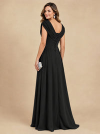 V Neck Pleated Mother of The Bride Dresses with Beading Cap Sleeves