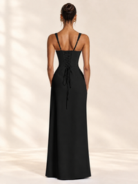 Square Neck Satin Sleeveless Ruched Prom Dress with High Slit