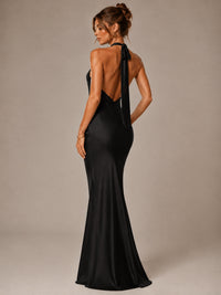 Olive Green Halter Satin Mermaid Maxi Dress