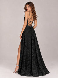Floral Lace A-Line Prom Dress with Spaghetti Straps & High Slit