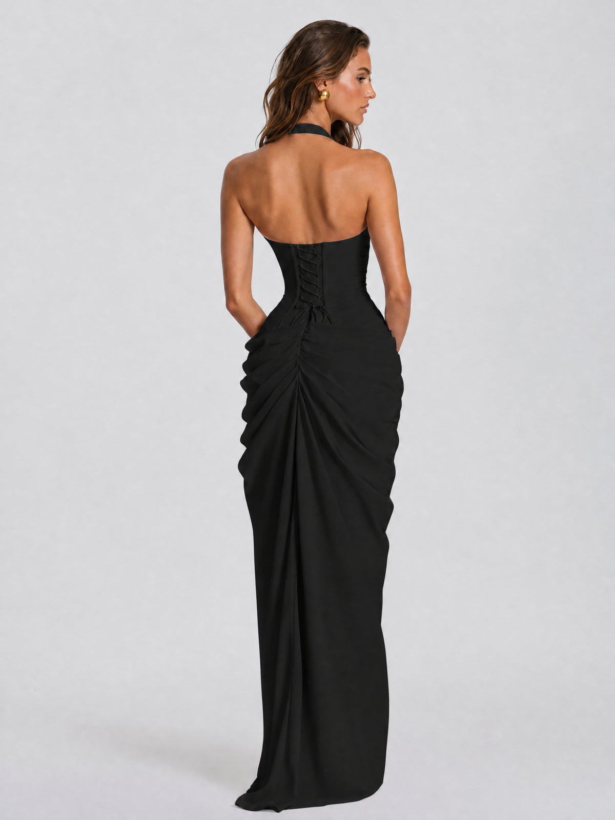 Ruched Halter Neck High-Slit Prom & Evening Dress