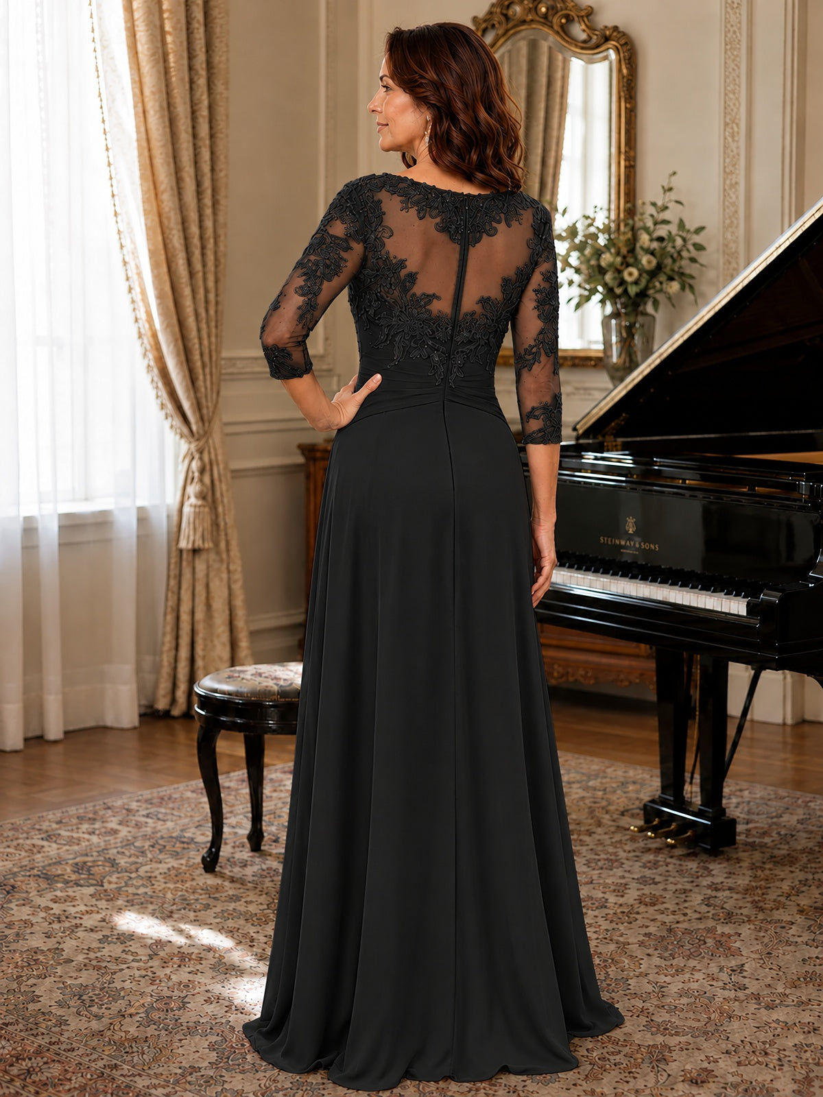 A-Line Chiffon Mother of the Bride Dress with Floral Applique 3/4 Sleeves