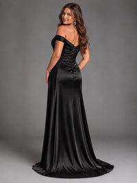 Off Shoulder Satin Maxi Dress with Slit