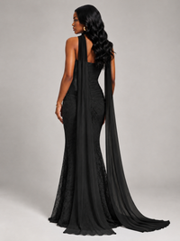 Pleated Chiffon Lace Prom Dresses Long Bodycon Mermaid with Scarf