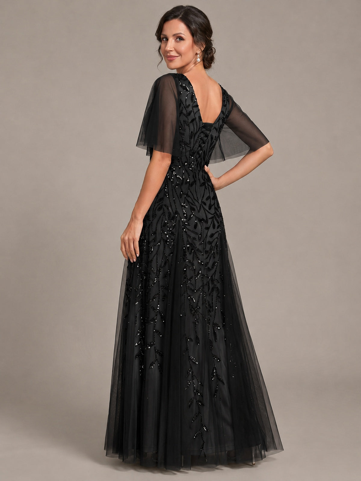 V-Neck Sequin Tulle Mother of the Bride Dress with Flutter Sleeve