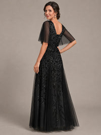 V-Neck Sequin Tulle Mother of the Bride Dress with Flutter Sleeve