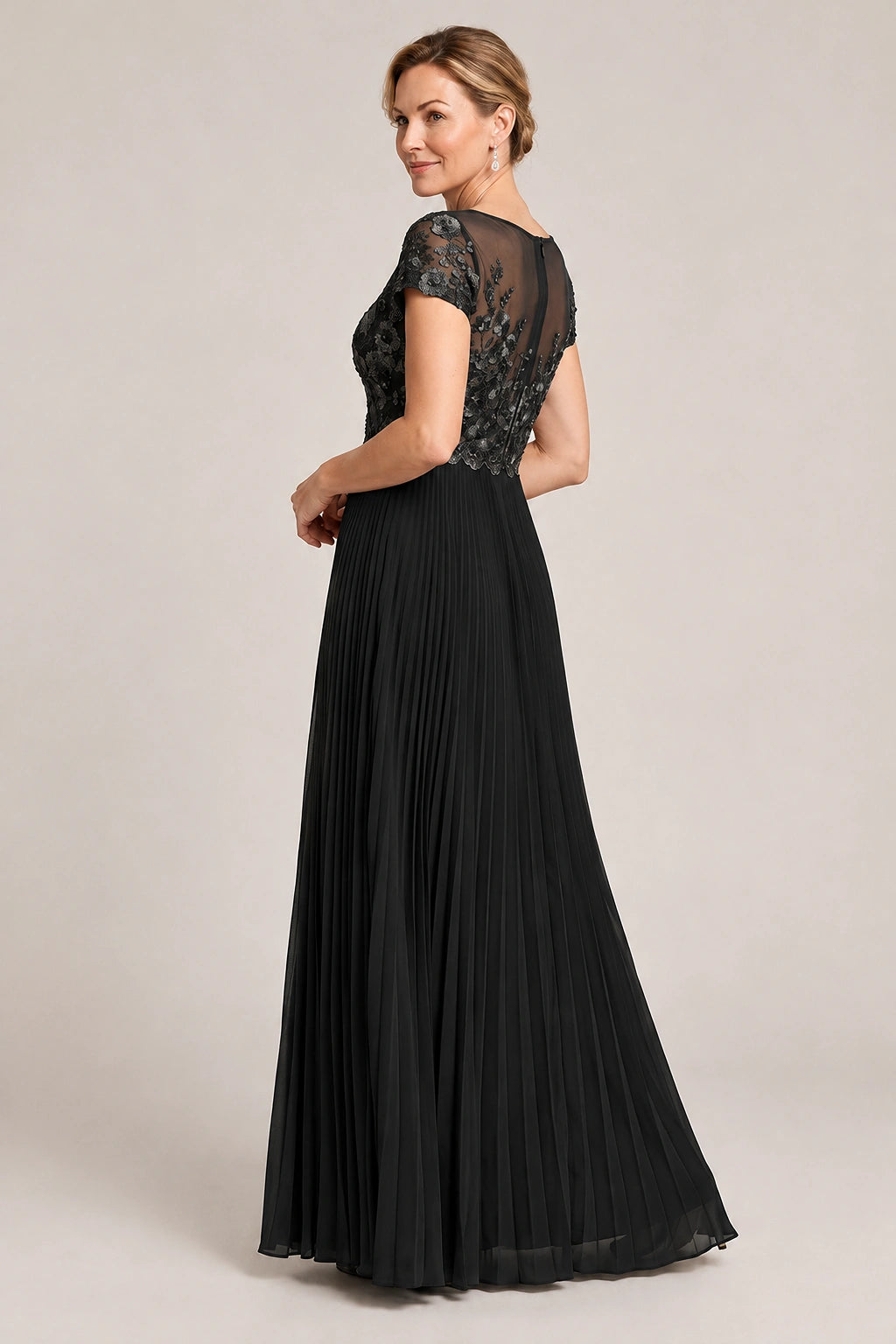 Embroidered Lace Pleated Mother of the Bride Dress