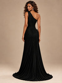 Burgundy One Shoulder Ruched Prom Dress with High Slit & Beaded Waist