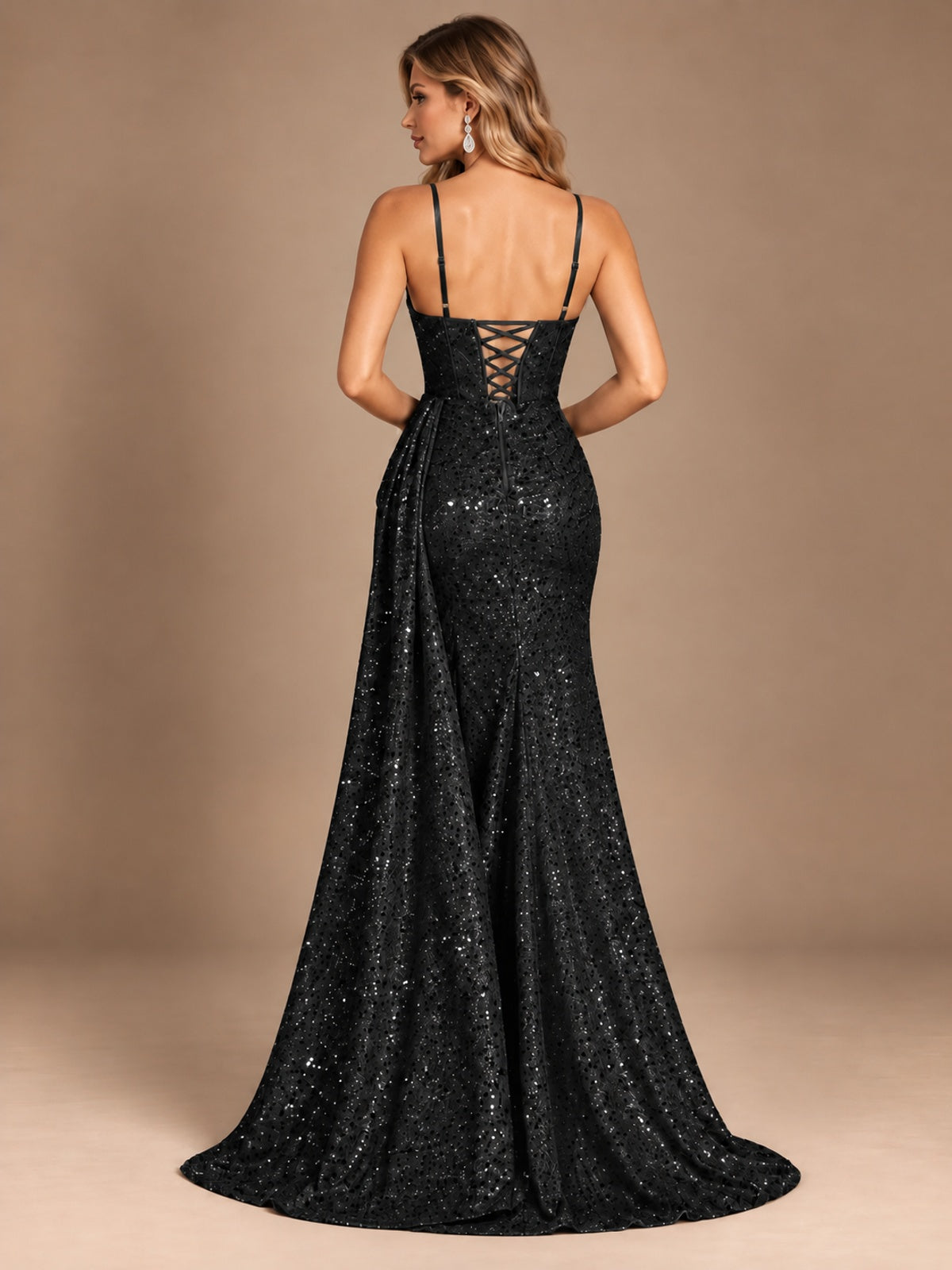 Burgundy Sequin Corset Prom Dress with High Slit