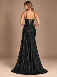 Burgundy Sequin Corset Prom Dress with High Slit