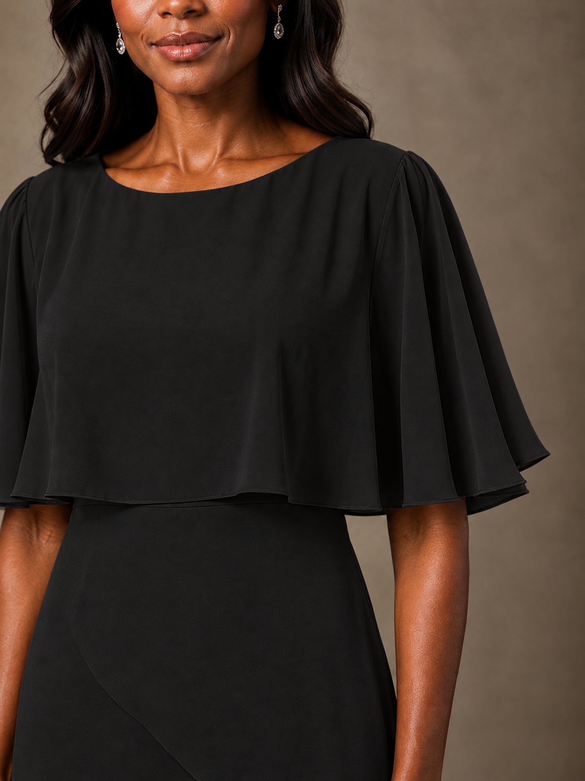 Taupe Chiffon A-Line Mother of the Bride Dress with Cape Sleeves