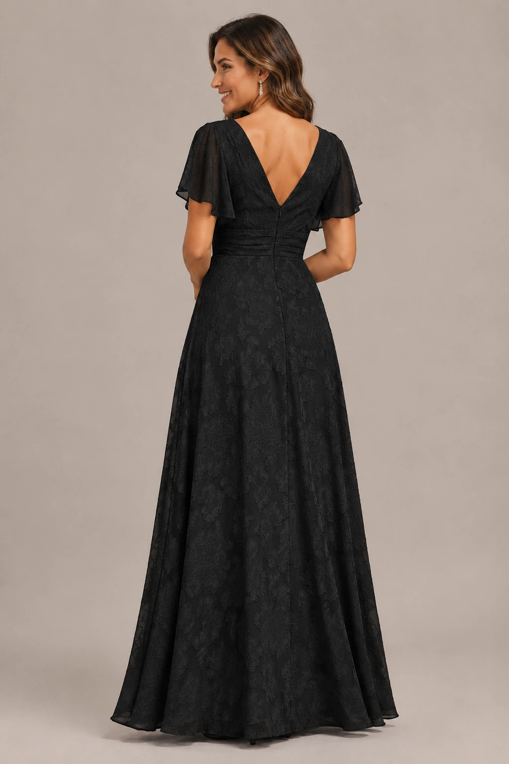 Jovellee Floral Chiffon A-Line Mother of the Bride Dress with Flutter Sleeves