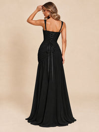 Wrap Pleated Prom Dress Scoop Neck with Slit Women Wedding Formal Dress