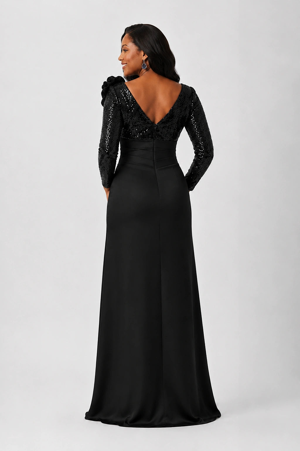 Sequin Mother of the Bride Dress with Long Sleeves 3D Floral V-Neck Gown