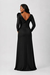 Sequin Mother of the Bride Dress with Long Sleeves 3D Floral V-Neck Gown