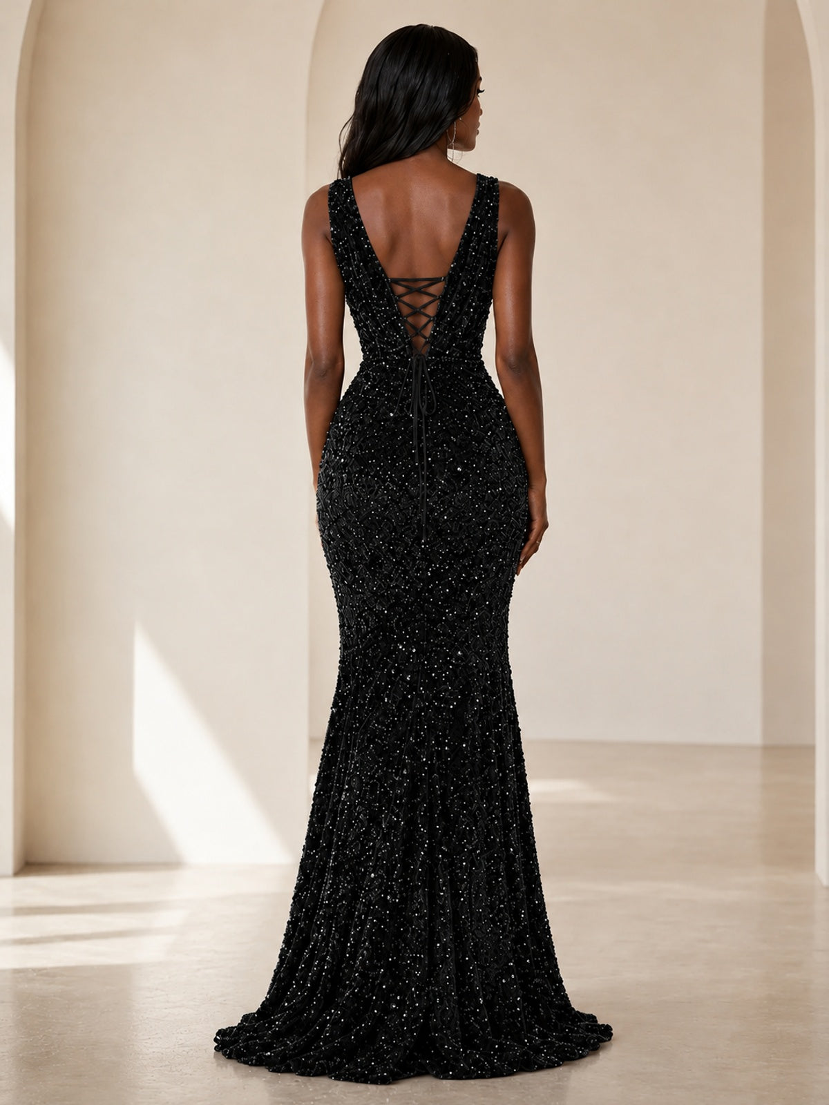 Sequin Mermaid Prom Dress with V-Neck and Ruched Waist