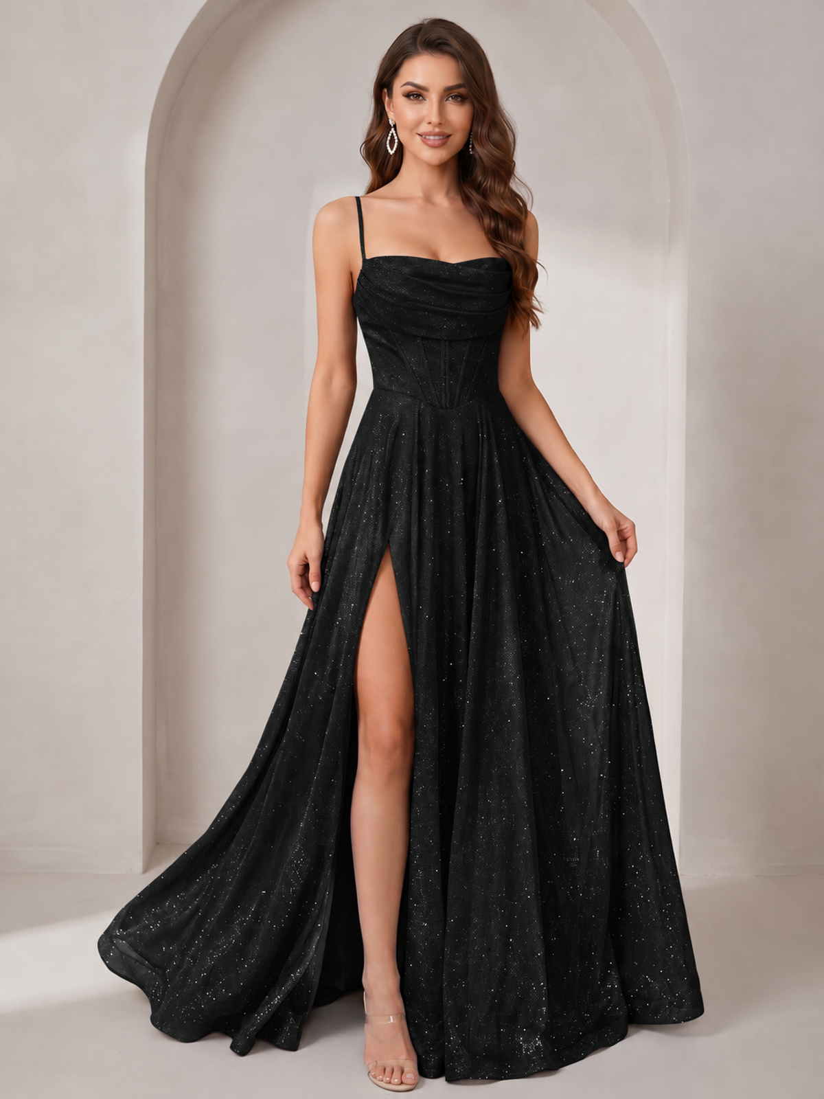 Black Sparkly Cowl Neck Corset Long Prom Dress with Slit A-line Tulle Ball Gown Formal Evning Party Dress