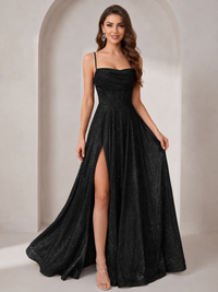 Black Sparkly Cowl Neck Corset Long Prom Dress with Slit A-line Tulle Ball Gown Formal Evning Party Dress