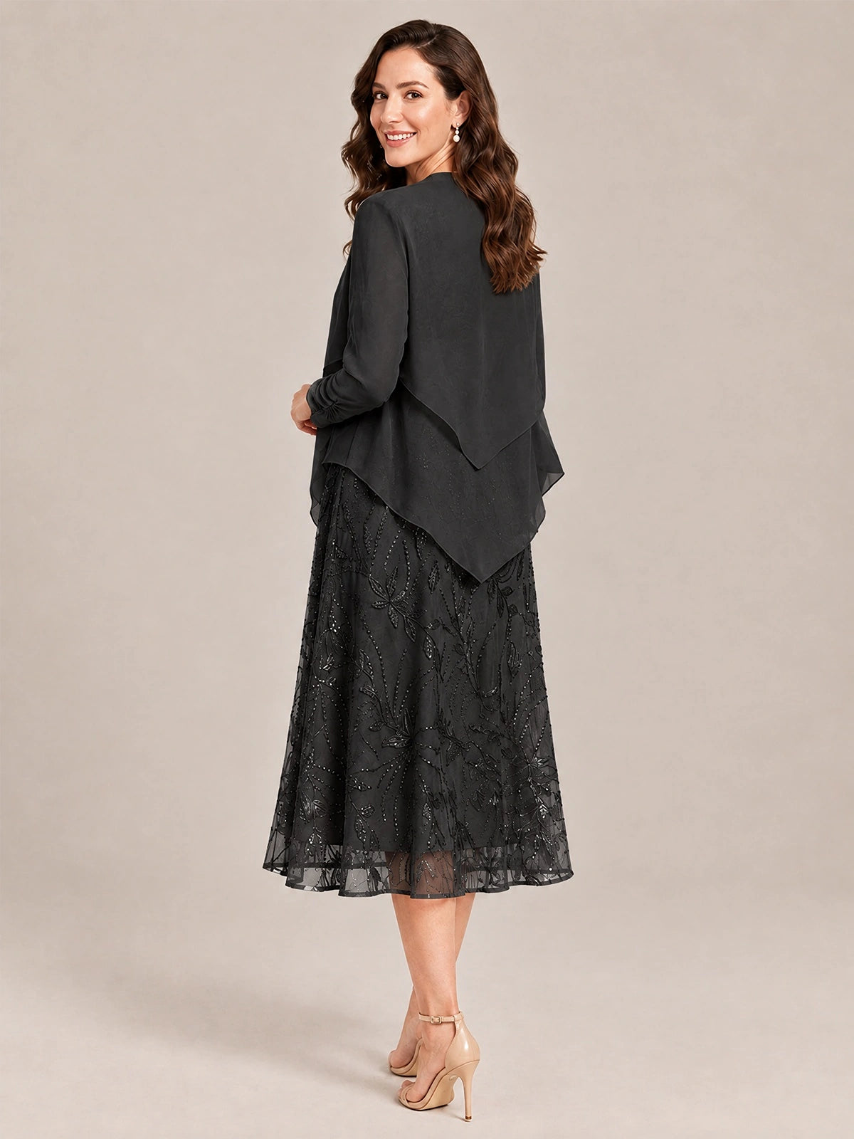 Tea Length Sequin Lace Mother of the Bride Dress with Chiffon Jacket